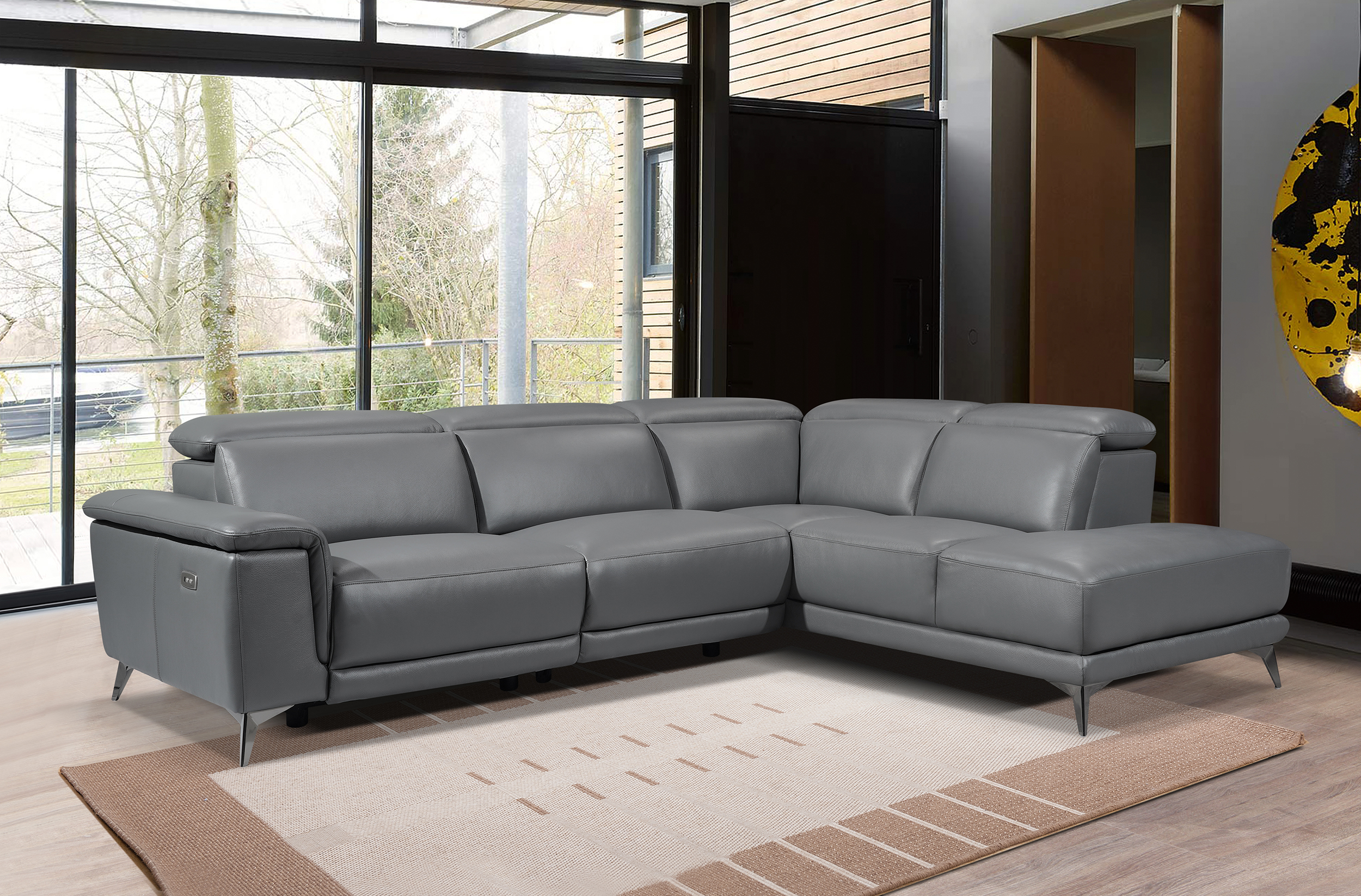 Pista Contemporary Grey Top Grain, Modern Top Grain Leather Sectional Sofa
