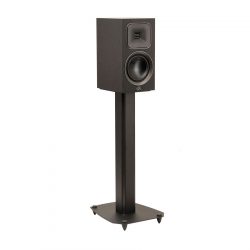 Left Angled Front View with Black Steel Stand of MartinLogan Motion Foundation B1 Bookshelf Black Speaker