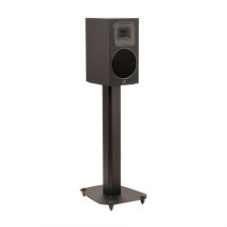 Left Angled Front View with Grille and Black Steel Stand of MartinLogan Motion Foundation B1 Bookshelf Black Speaker