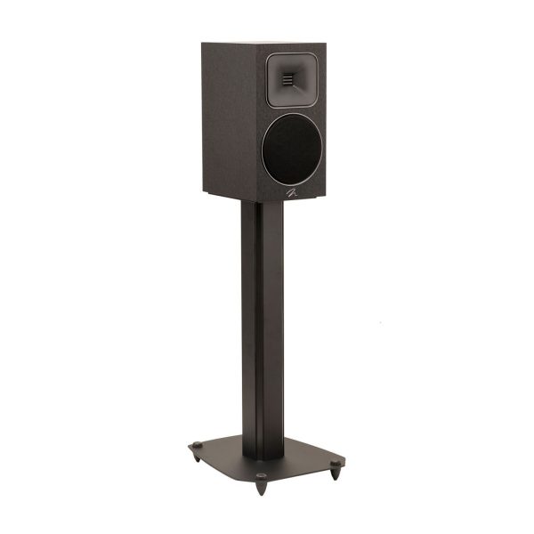 Left Angled Front View with Grille and Black Steel Stand of MartinLogan Motion Foundation B1 Bookshelf Black Speaker