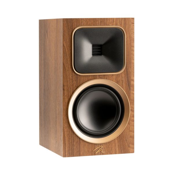 Left Angled Front View of MartinLogan Motion Foundation B1 Bookshelf Walnut Speaker