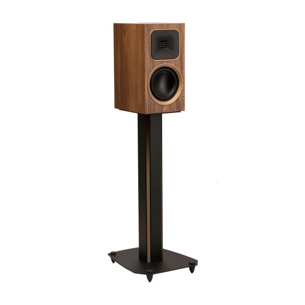 Left Angled Front View with Black Steel Stand of MartinLogan Motion Foundation B1 Bookshelf Walnut Speaker