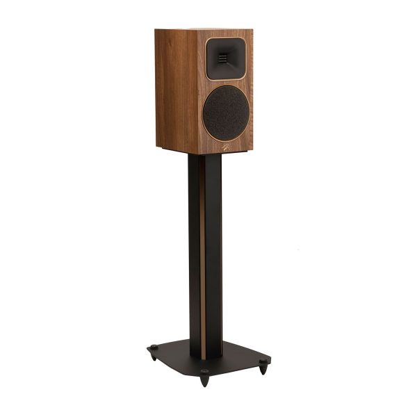 Left Angled Front View with Grille and Black Steel Stand of MartinLogan Motion Foundation B1 Bookshelf Walnut Speaker