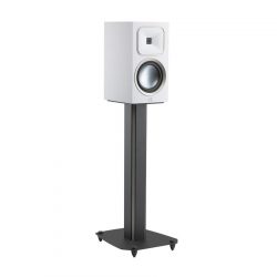Left Angled Front View with Black Steel Stand of MartinLogan Motion Foundation B1 Bookshelf White Speaker