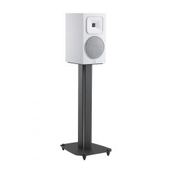 Left Angled Front View with Grille and Black Steel Stand of MartinLogan Motion Foundation B1 Bookshelf White Speaker