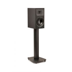 Left Angled Front View with Black Steel Stand of MartinLogan Motion Foundation B2 Bookshelf Black Speaker