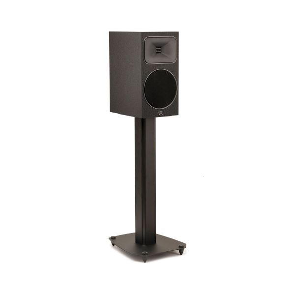 Left Angled Front View with Grille and Black Steel Stand - MartinLogan Motion Foundation B2 Bookshelf Black Speaker
