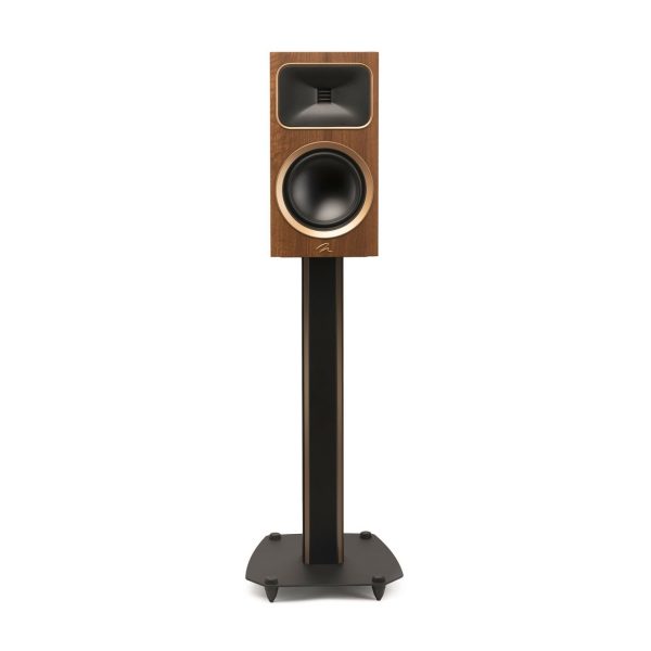 Straight Front View with Black Steel Stand of MartinLogan Motion Foundation B2 Bookshelf Walnut Speaker