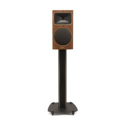 Straight Front View with Grille and Black Steel Stand of MartinLogan Motion Foundation B2 Bookshelf Walnut Speaker