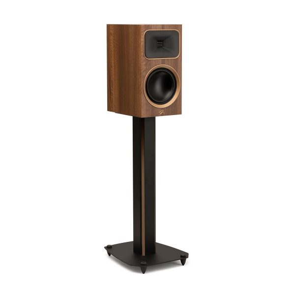 Left Angled Front View with Front Grille and Black Steel Stand of MartinLogan Motion Foundation B2 Bookshelf Walnut Speaker