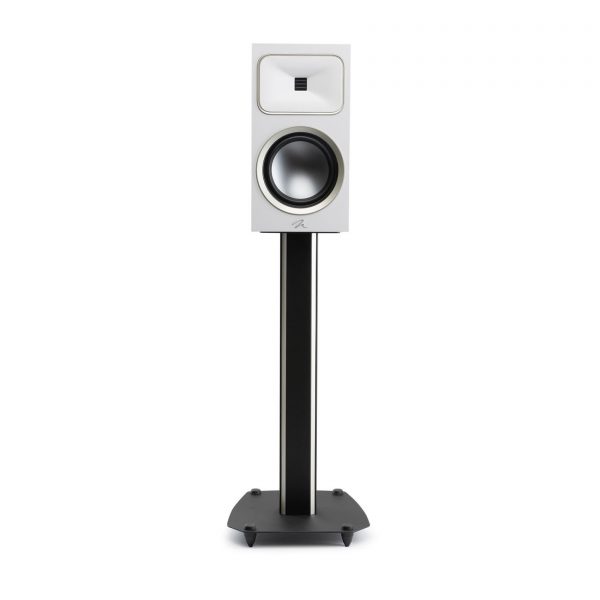 Straight Front View with Black Steel Stand of MartinLogan Motion Foundation B2 Bookshelf White Speaker