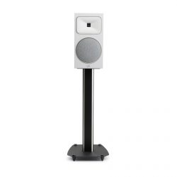 Straight Front View with Grille and Black Steel Stand of MartinLogan Motion Foundation B2 Bookshelf White Speaker