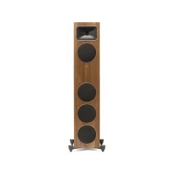 Straight Front View with White Grills of MartinLogan Motion Foundation F1 Floorstanding Walnut Speaker