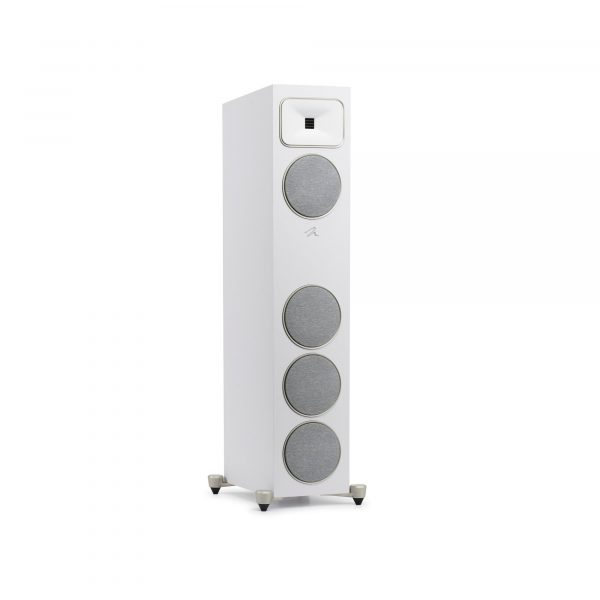 Right Angled Front View with White Grills of MartinLogan Motion Foundation F1 Floorstanding White Speaker