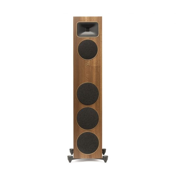 Straight Front View with Black Grills of MartinLogan Motion Foundation F2 Floorstanding Walnut Speaker